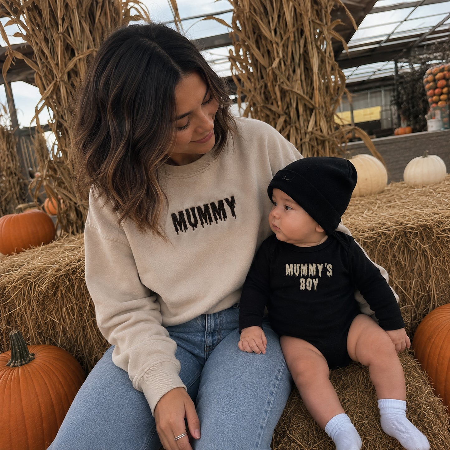Mummy & Mummy’s Boy Halloween Matching Set | Embroidered Mummy Sweatshirt & Baby Bodysuit