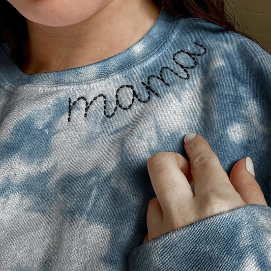 mama mini collar neckline embroidered embroidery tie dye matching mommy and me sweatshirts crewneck pullover hoodie bubble romper newborn gift baby shower mothers day mommy and me outfits toddler shirt