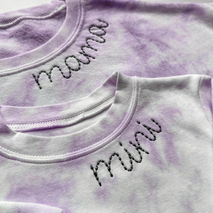 mama mini collar neckline embroidered embroidery tie dye matching mommy and me sweatshirts crewneck pullover hoodie bubble romper newborn gift baby shower mothers day mommy and me outfits toddler shirt