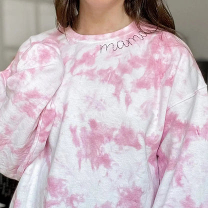 mama mini collar neckline embroidered embroidery tie dye matching mommy and me sweatshirts crewneck pullover hoodie bubble romper newborn gift baby shower mothers day mommy and me outfits toddler shirt