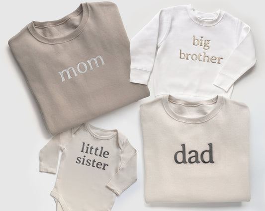 custom embroidered sweatshirts, embroidered personalized sweatshirts for family and sibling matching in neutral colors full length