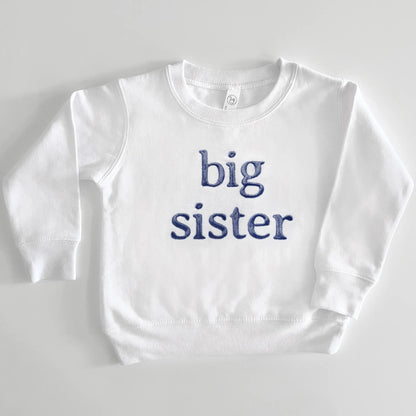 custom embroidered sweatshirts, embroidered personalized sweatshirts for family and sibling matching in neutral colors, big sister with navy thread