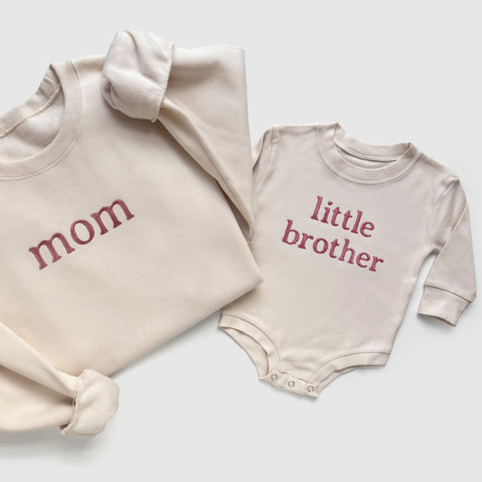 custom embroidered sweatshirts, embroidered personalized sweatshirts for family and sibling matching in neutral colors cream
