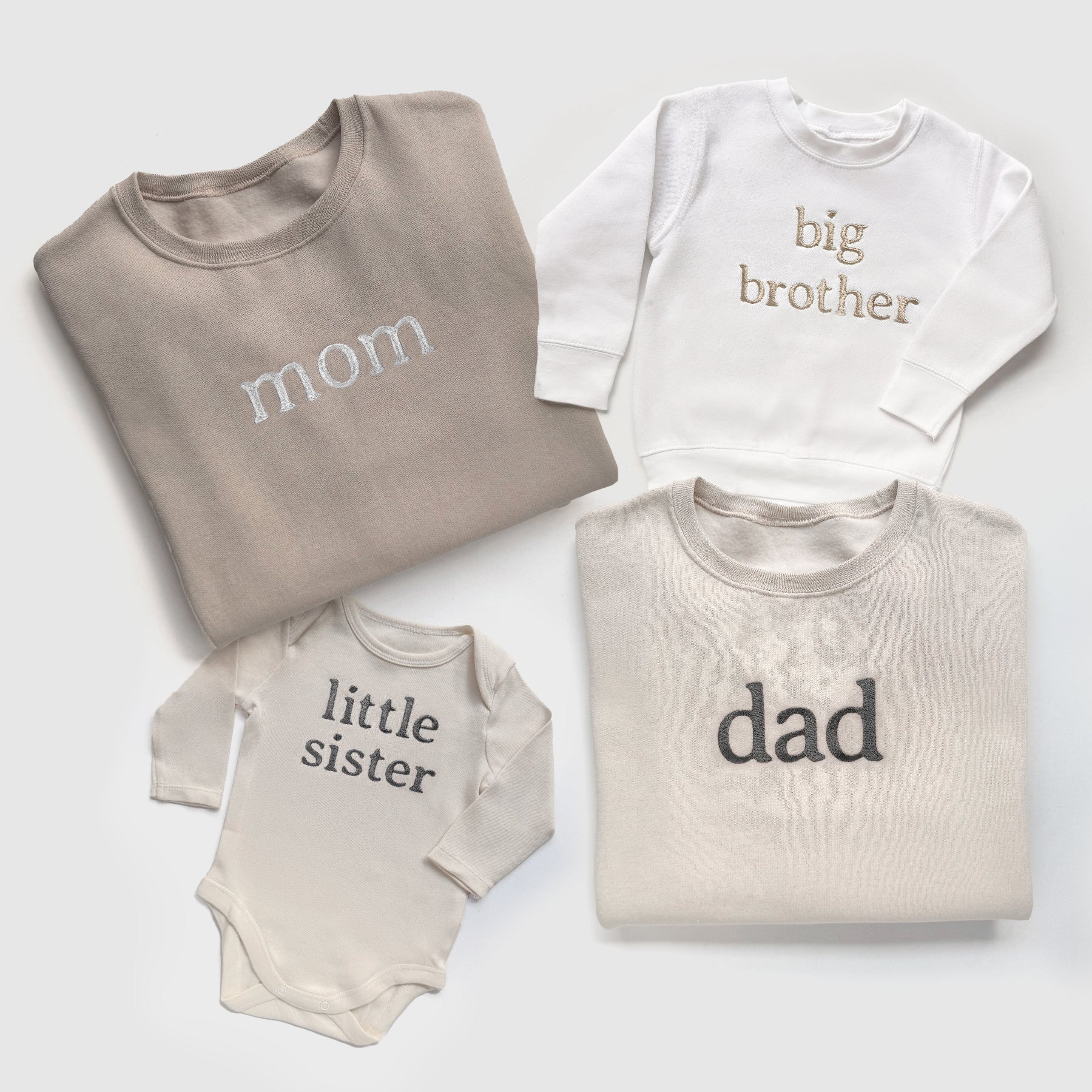 Neutral Family Matching Custom Embroidered Sweatshirts and Baby Outfits