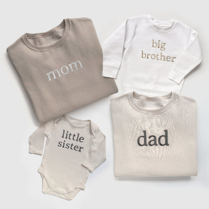 custom embroidered sweatshirts, embroidered personalized sweatshirts for family and sibling matching in neutral colors full length and folded