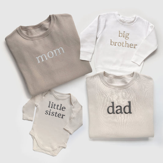 custom embroidered sweatshirts, embroidered personalized sweatshirts for family and sibling matching in neutral colors full length and folded