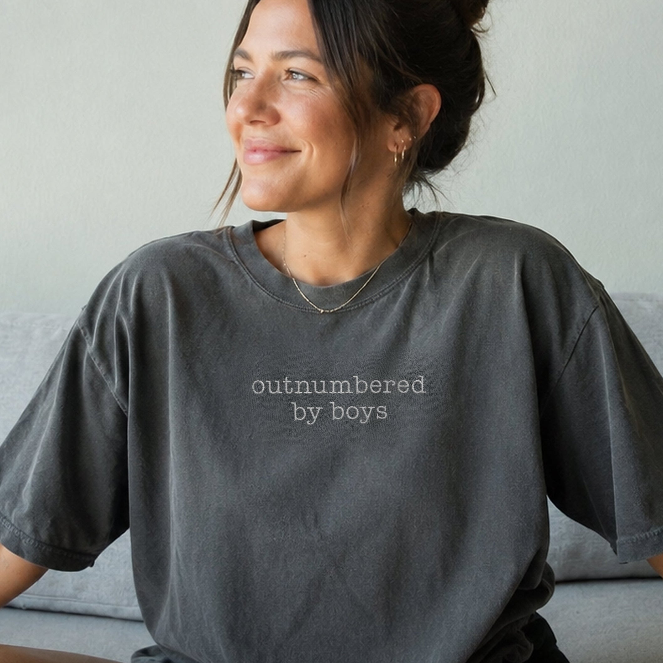 Outnumbered by Boys Embroidered T-Shirt | Boy Mom Shirt