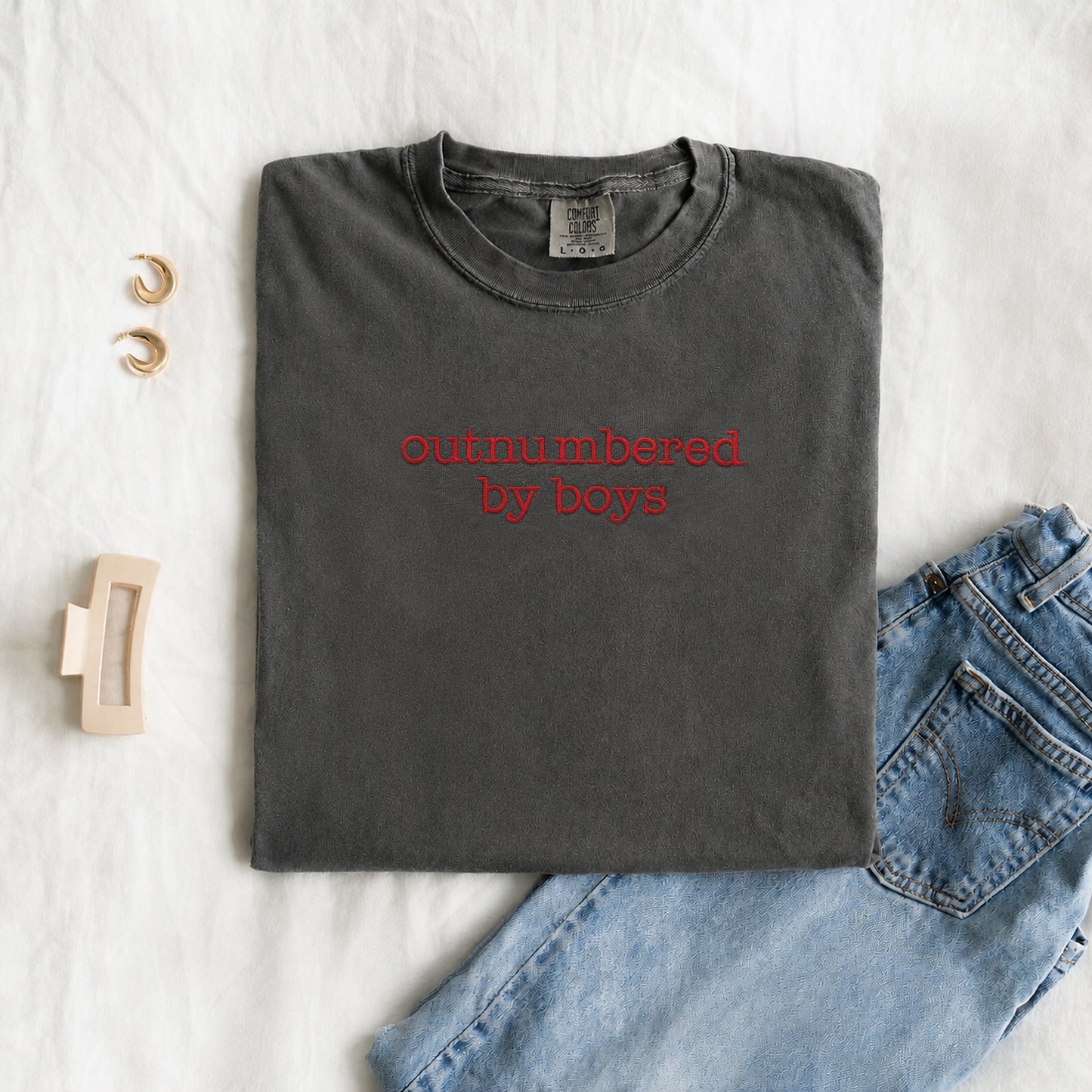 Outnumbered by Boys Embroidered T-Shirt | Boy Mom Shirt