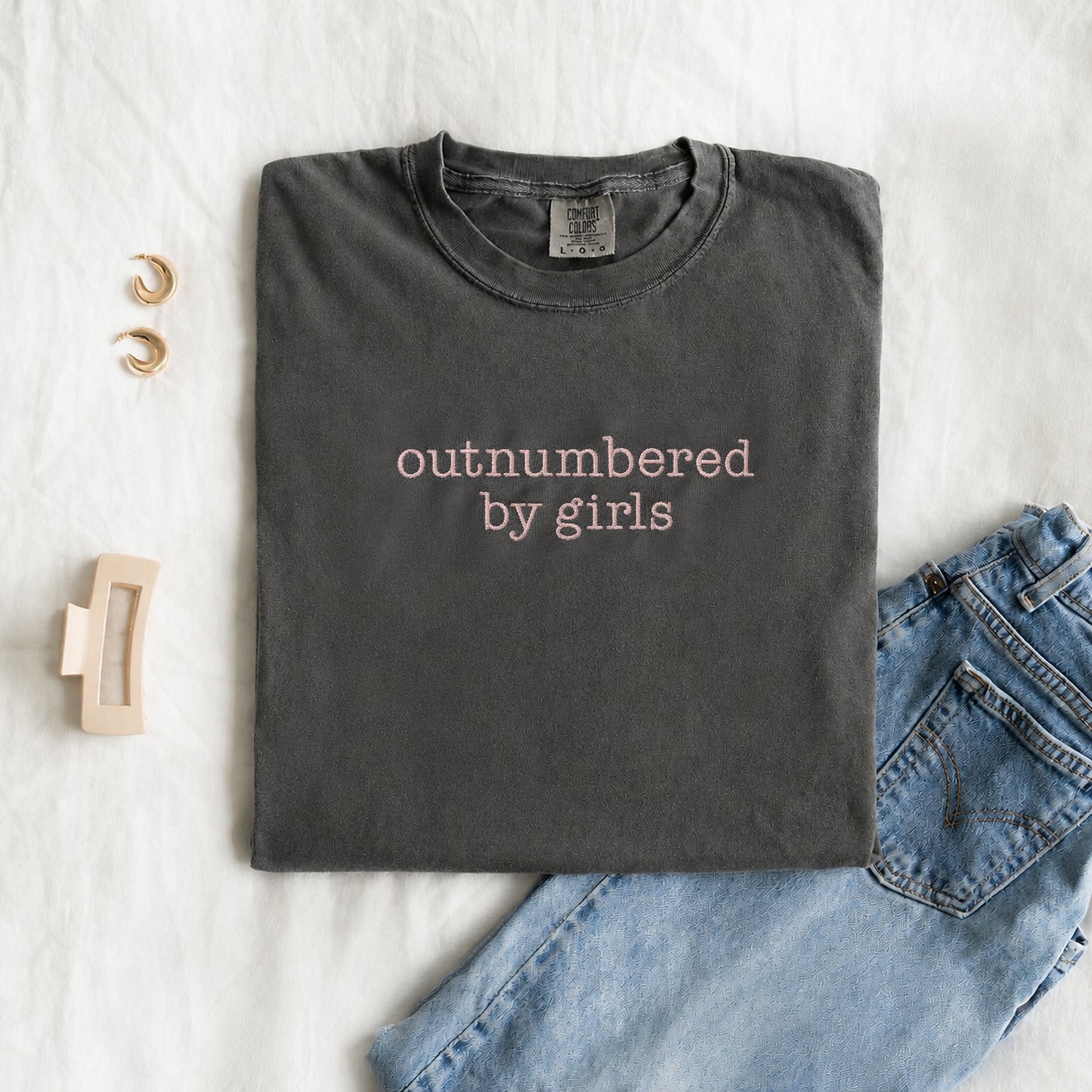 Outnumbered by Girls Embroidered T-Shirt | Girl Mom Shirt