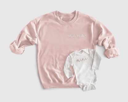 blush pink baby girl newborn gift mama mini embroidery embroidered sweatshirt and onesie bodysuit mommy and me matching outfits coming home from the hospital pullover crewneck hoodie twinning 