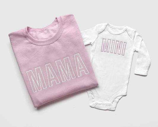 pink mama sweatshirt matching white baby onesie mini embroidered embroidery crewneck pullover mommy and me set baby shower gift baby girl
