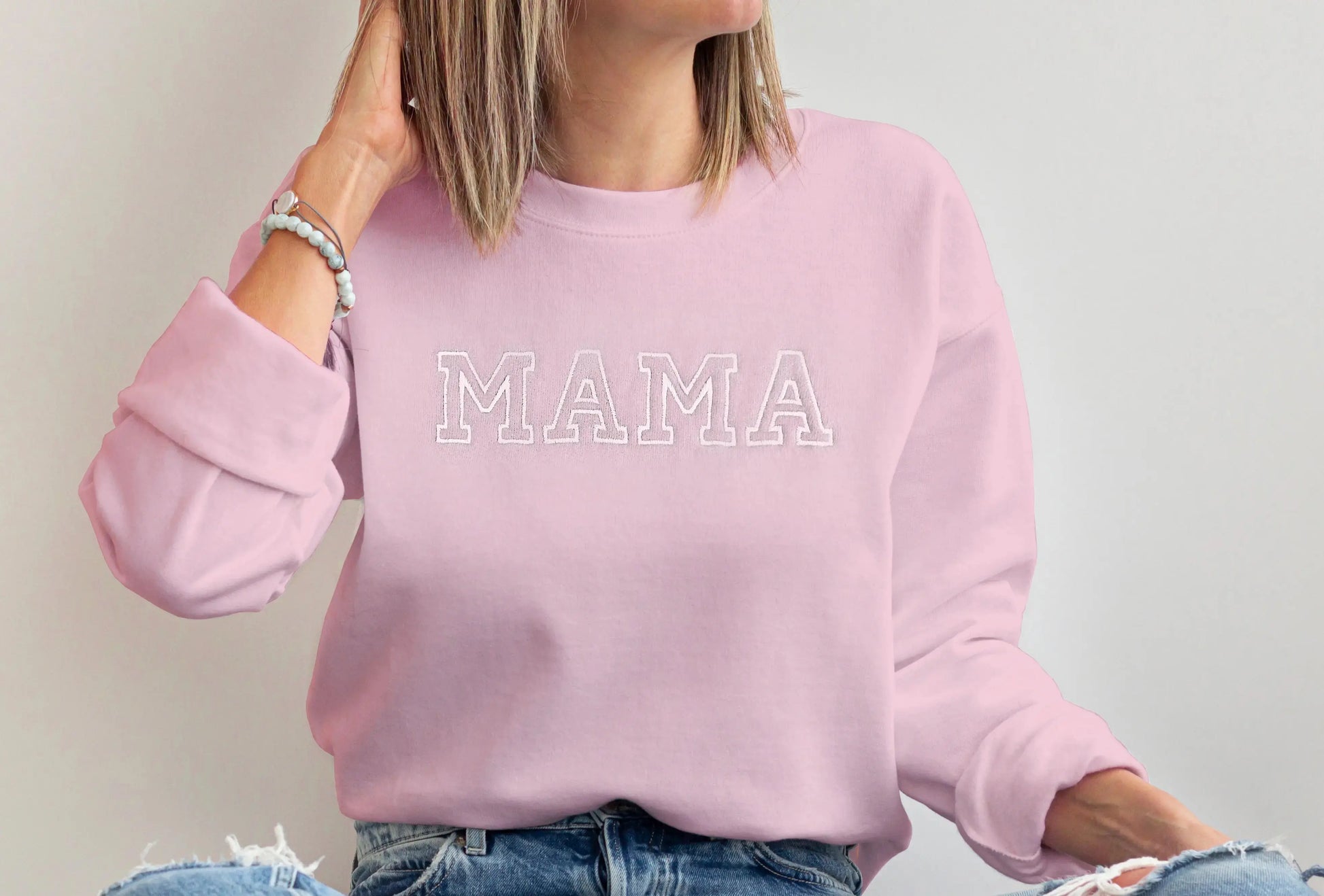 pink mama sweatshirt matching white baby onesie mini embroidered embroidery crewneck pullover mommy and me set baby shower gift baby girl