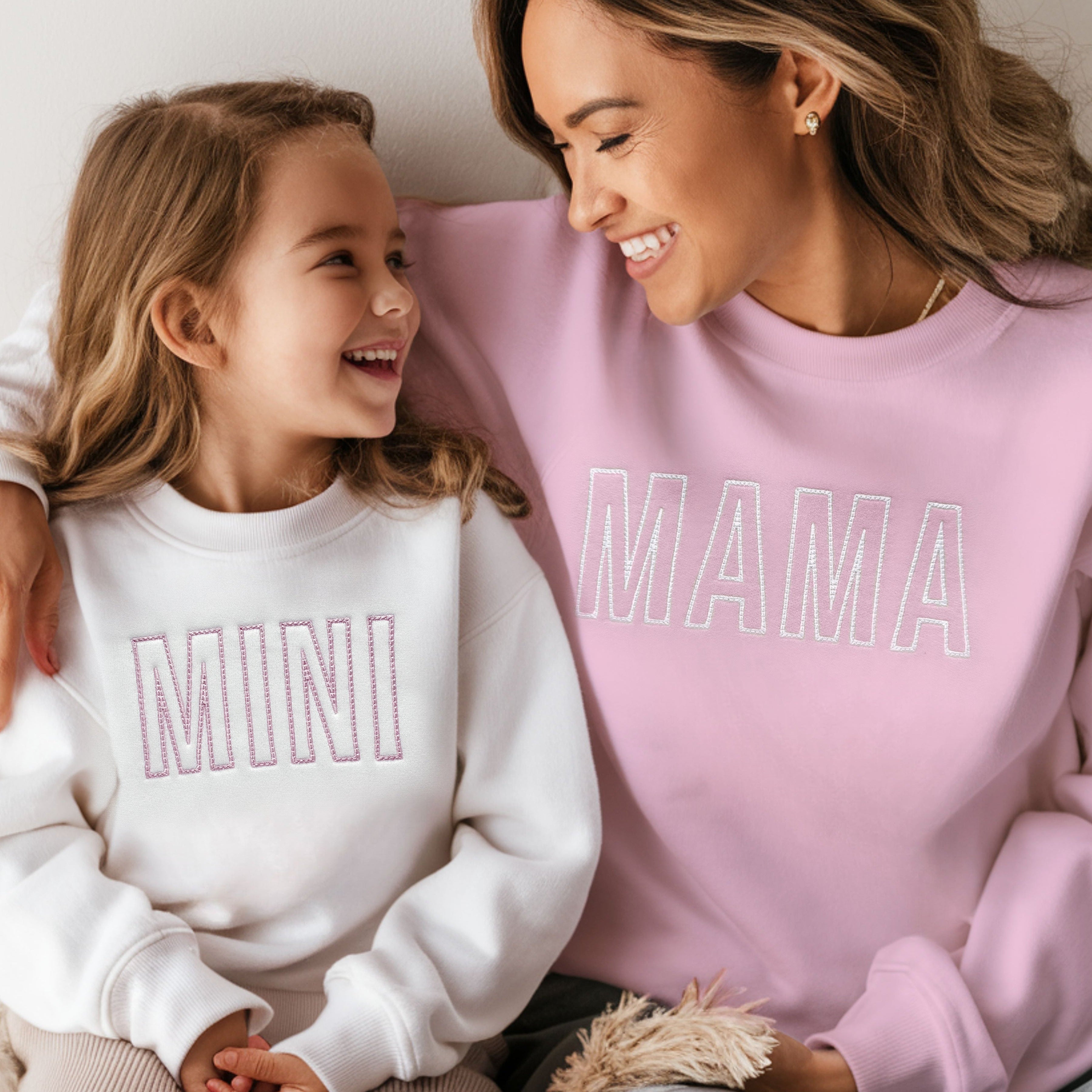 Embroidered Mother Daughter Matching Sweatshirts and Baby Outfits in Light Pink or Blush