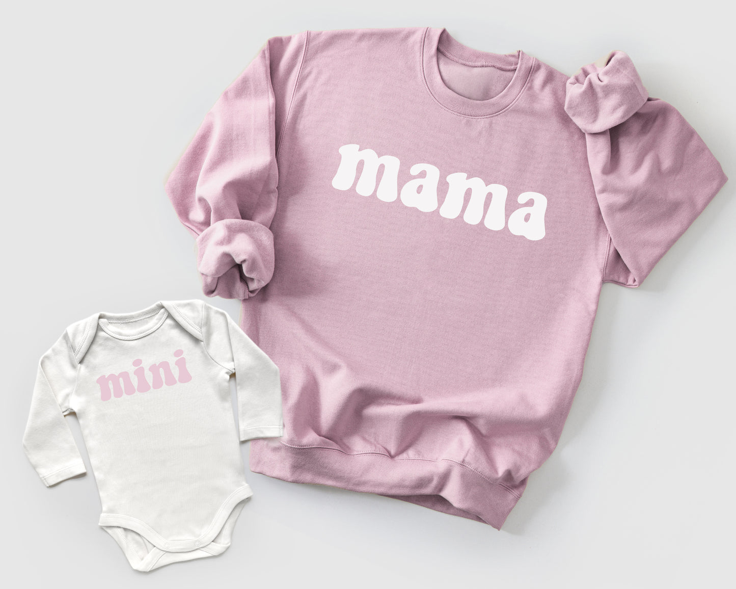 Custom Light Pink Sweatshirts and Bodysuits for Mama and Mini Matching Summer & Bash
