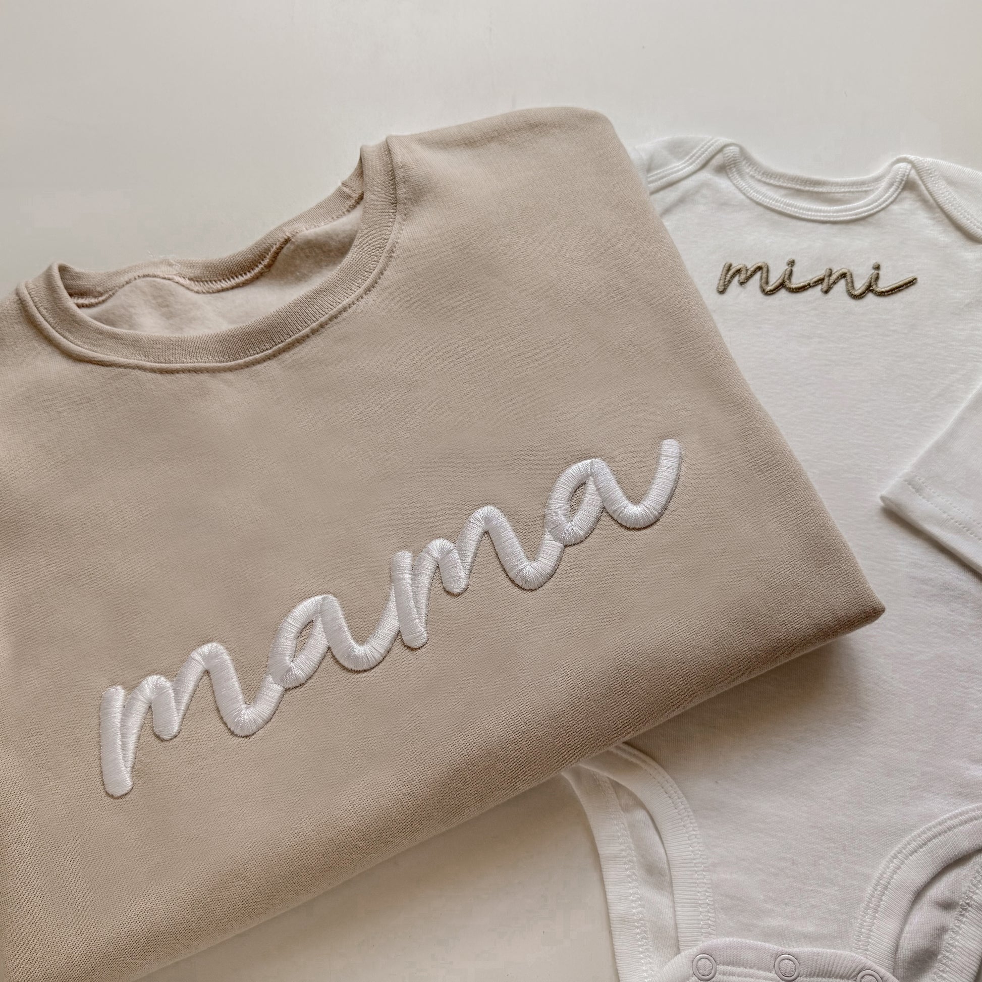 neutral beige mama and mini matching mother daughter matching sweatshirts, onesies , bubble rompers and toddler sweatshirts gift for new moms