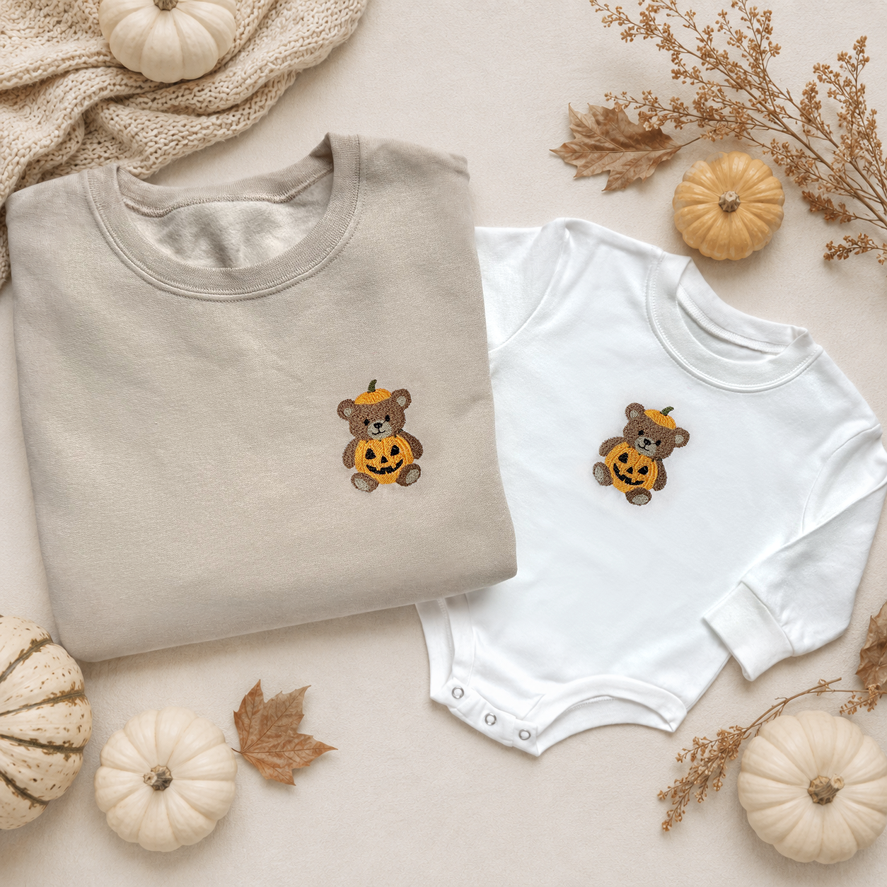 Embroidered Pumpkin Bear Matching Family Sweatshirts & Baby Outfits