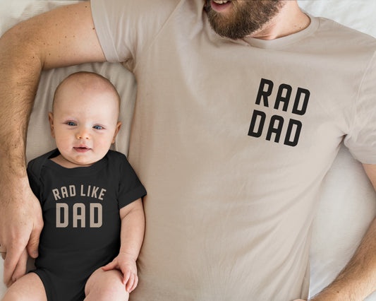 rad dad rad like dad neutral baby onesies bodysuits t shirts matching daddy and me dad and son or daughter twinning beige black white