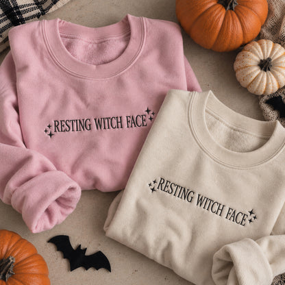 Resting Witch Face Embroidered Halloween Sweatshirt