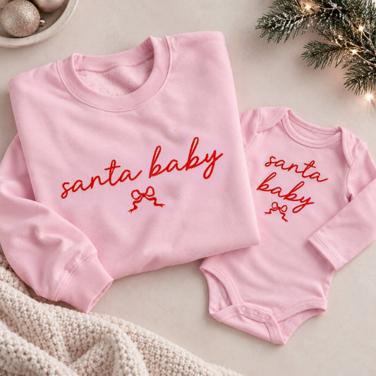 Santa Baby Christmas Sweatshirt & Baby Bodysuit | Pink Christmas Matching Mommy & Me Outfit