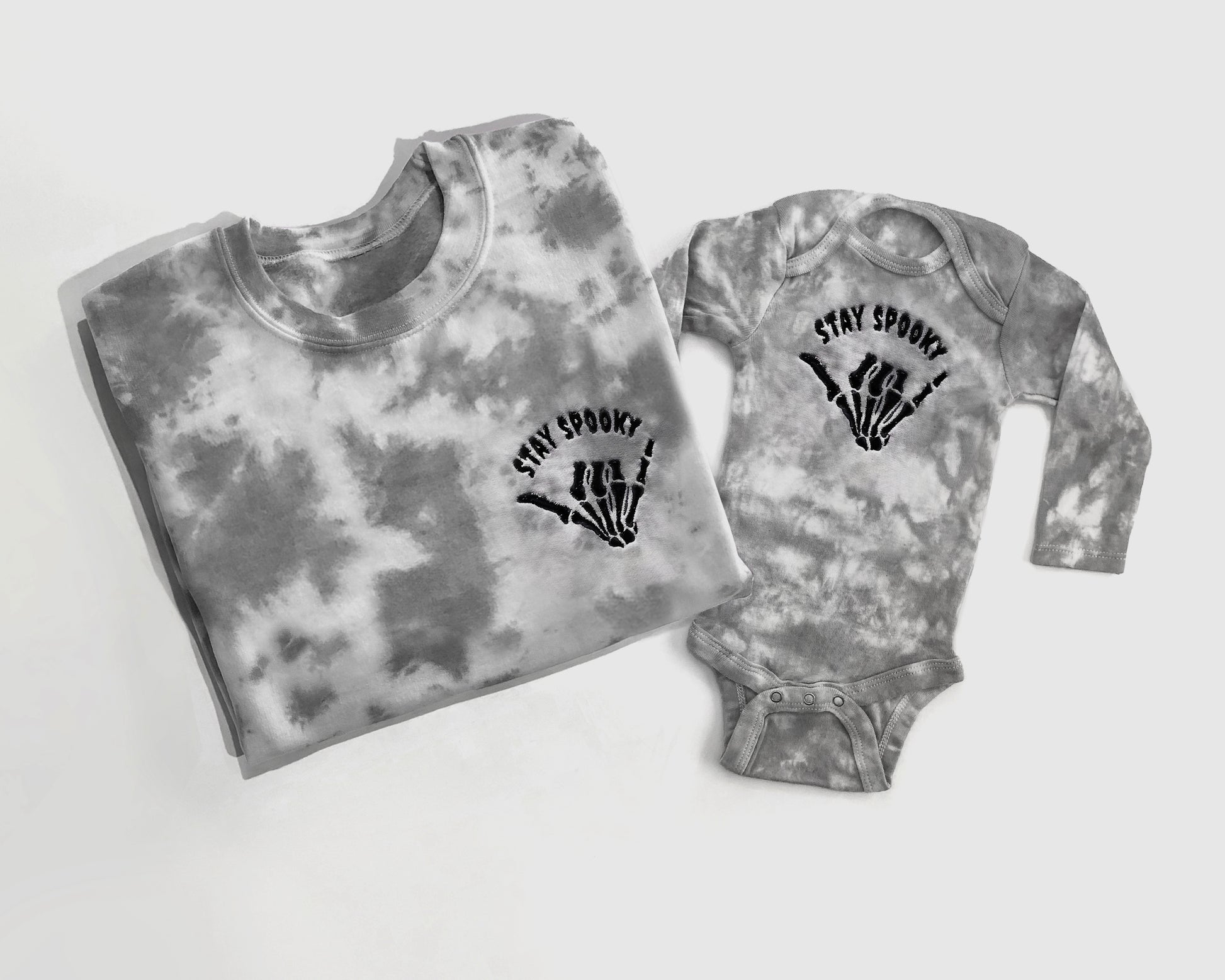 stay spooky gray embroidered tie dye halloween sweatshirt halloween crewneck in mom and baby matching
