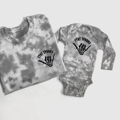 stay spooky gray embroidered tie dye halloween sweatshirt halloween crewneck in mom and baby matching