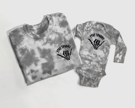 stay spooky gray embroidered tie dye halloween sweatshirt halloween crewneck in mom and baby matching