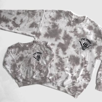 stay spooky gray embroidered tie dye halloween sweatshirt halloween crewneck in mom and baby matching