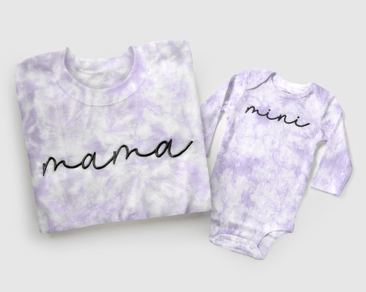 mama mini embroidered embroidery tie dye matching mommy and me sweatshirts crewneck pullover hoodie bubble romper newborn gift baby shower mothers day mommy and me outfits lavender
