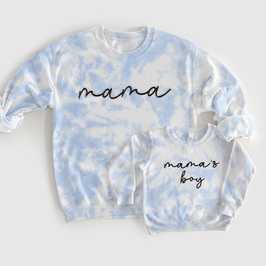 mama mini embroidered embroidery tie dye matching mommy and me sweatshirts crewneck pullover hoodie bubble romper newborn gift baby shower mothers day mommy and me outfits blue