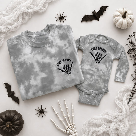 Stay Spooky Tie Dye Halloween Sweatshirt | Matching Family Halloween Outfits | Embroidered Skeleton Crewneck