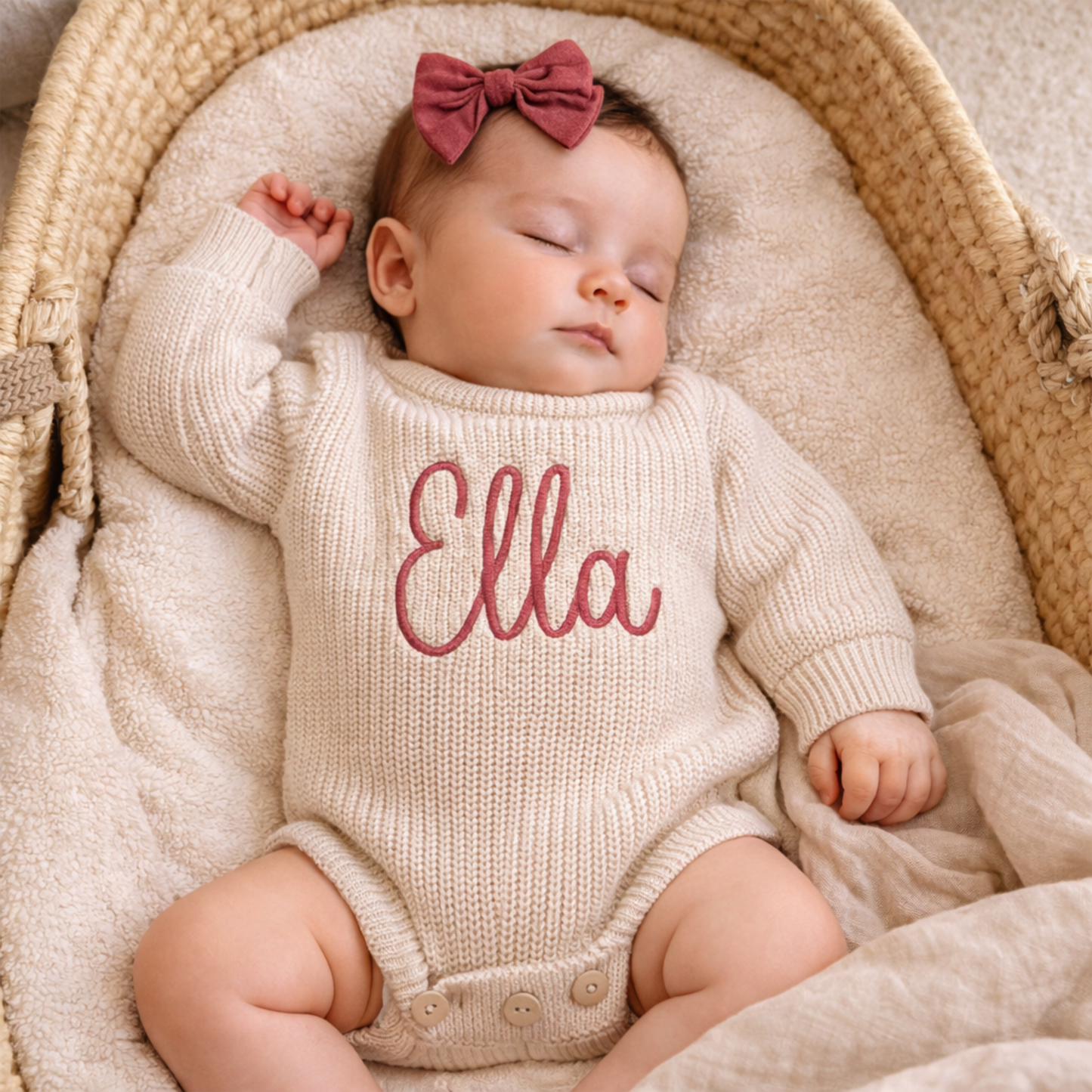 Personalized embroidered baby sweater romper in neutral cotton knit with custom name stitching