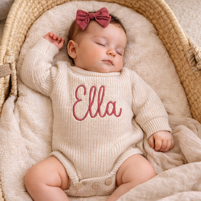 Personalized embroidered baby sweater romper in neutral cotton knit with custom name stitching