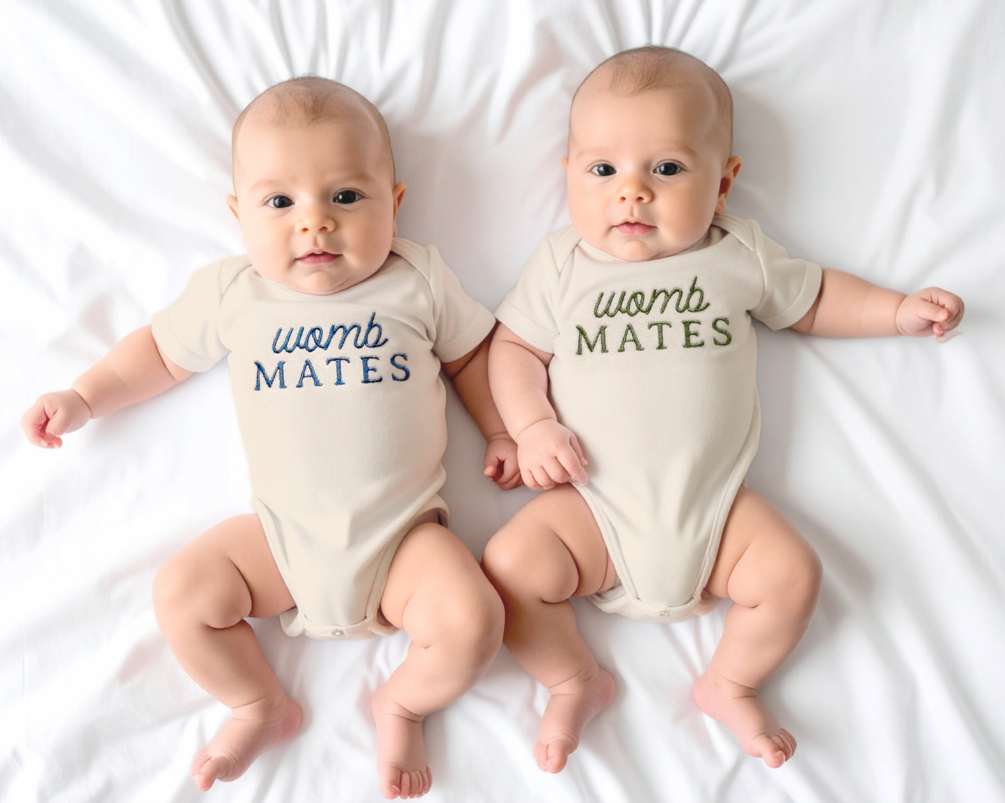 Custom "Womb Mates" Embroidered Baby Outfits for Twins & Triplets